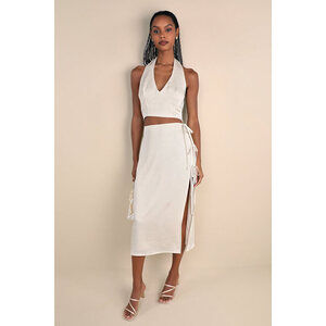 Lulus Marvelously Sleek Champagne Satin Crinkled Side-tie Midi Skirt White